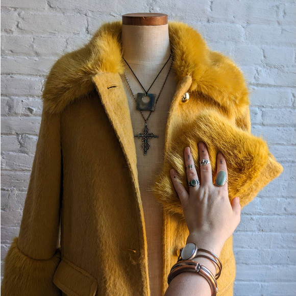 Retro 70s style Groovy Yellow Wool Yellow Penny Lane Jacket Shag Trench Coat - Picture 5 of 9